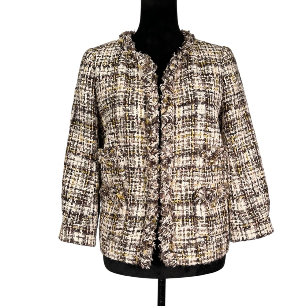 J. Crew Collection Tweed Blazer Cream Black Gold Metallic Gold Wool Jacket Party